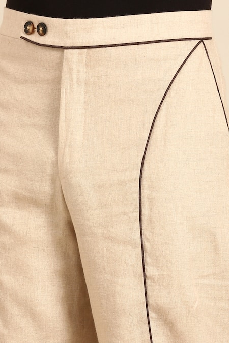 Shop_Mayank Modi - Men_Green Cotton, Linen Piping Geometric Panel Jacket And Pant Set 