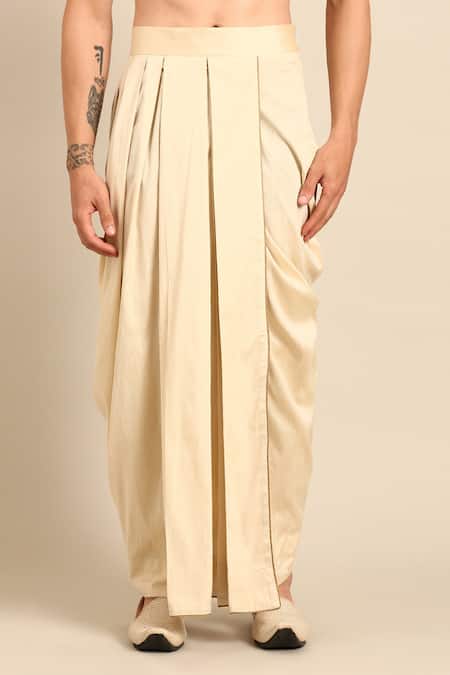 Mayank Modi - Men_Beige Silk, Cotton Pleated Dhoti Pant _Online_at_Aza_Fashions