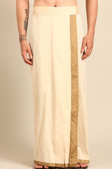 Mayank Modi - Men Beige Silk, Cotton Zari Draped Dhoti Pant Online at Aza Fashions Mayank Modi - Men_Beige Silk, Cotton Zari Draped Dhoti Pant _Online_at_Aza_Fashions