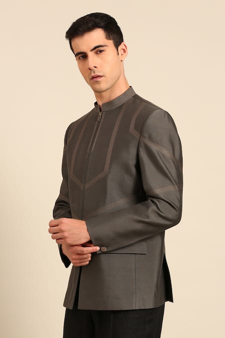 Mayank Modi - Men_Charcoal Cotton, Silk Embroidery Geometric Pattern Zipper Bandhgala _Online_at_Aza_Fashions