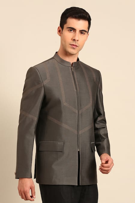 Buy_Mayank Modi - Men_Charcoal Cotton, Silk Embroidery Geometric Pattern Zipper Bandhgala _Online_at_Aza_Fashions