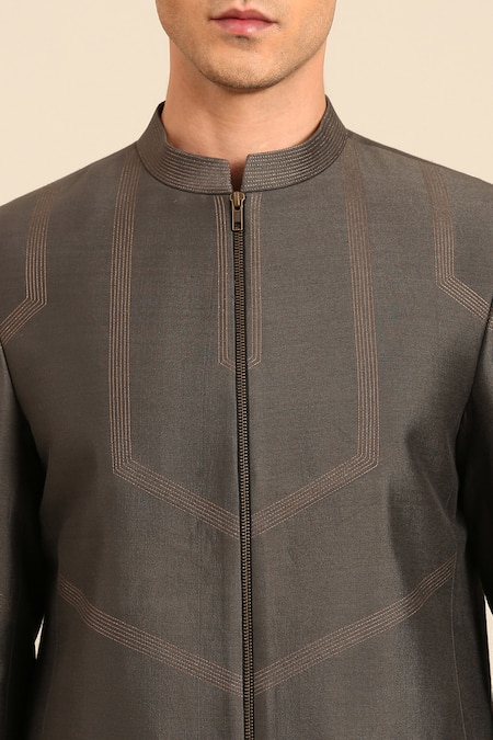 Shop_Mayank Modi - Men_Charcoal Cotton, Silk Embroidery Geometric Pattern Zipper Bandhgala _Online_at_Aza_Fashions