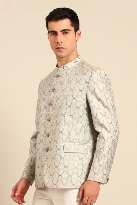 Mayank Modi - Men_Blue Chanderi Silk, Jacquard Geometric Bandhgala _Online_at_Aza_Fashions