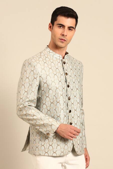 Buy_Mayank Modi - Men_Blue Chanderi Silk, Jacquard Geometric Bandhgala _Online_at_Aza_Fashions