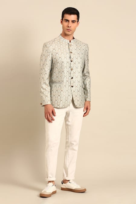 Shop_Mayank Modi - Men_Blue Chanderi Silk, Jacquard Geometric Bandhgala _Online_at_Aza_Fashions