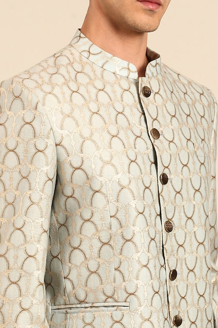 Buy_Mayank Modi - Men_Blue Chanderi Silk, Jacquard Geometric Bandhgala 