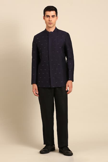 Mayank Modi - Men_Navy Cotton, Silk Embroidery Bandhgala _Online_at_Aza_Fashions