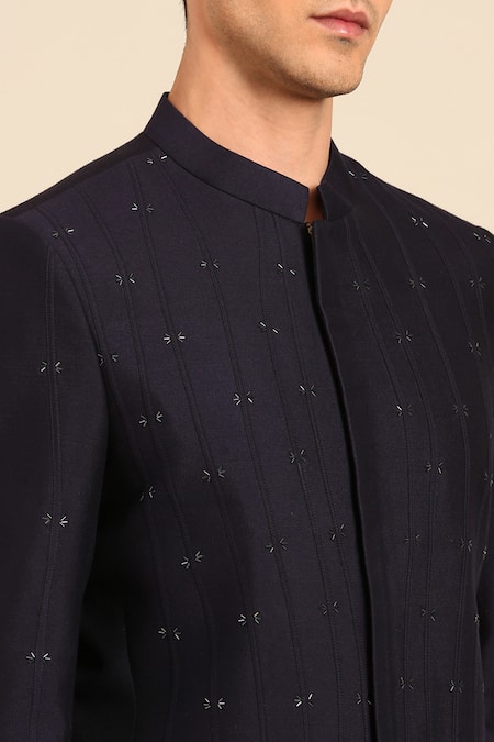 Buy_Mayank Modi - Men_Navy Cotton, Silk Embroidery Bandhgala _Online_at_Aza_Fashions