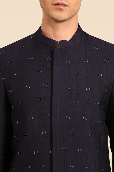 Shop_Mayank Modi - Men_Navy Cotton, Silk Embroidery Bandhgala _Online_at_Aza_Fashions