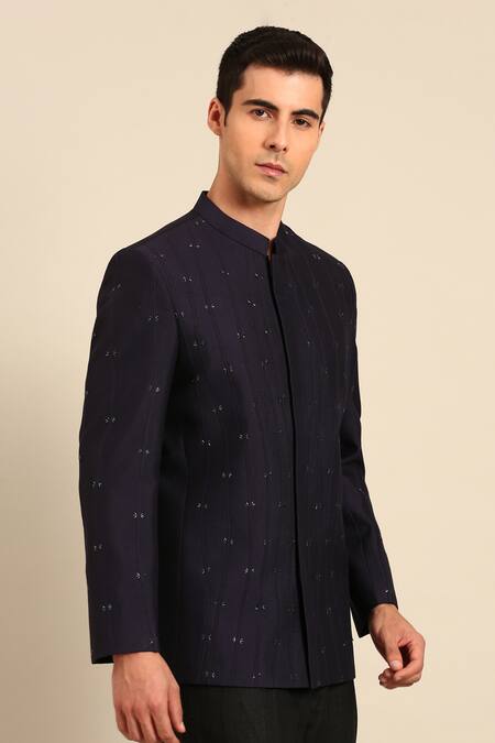 Buy_Mayank Modi - Men_Navy Cotton, Silk Embroidery Bandhgala 