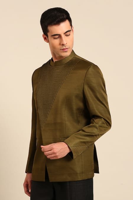 Mayank Modi - Men_Green Bemberg, Silk Embroidery Pleated Overlay Bandhgala _Online_at_Aza_Fashions