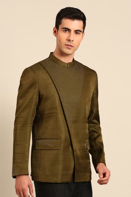 Shop_Mayank Modi - Men_Green Bemberg, Silk Embroidery Pleated Overlay Bandhgala _Online_at_Aza_Fashions