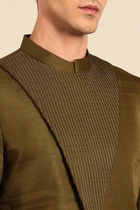 Buy_Mayank Modi - Men_Green Bemberg, Silk Embroidery Pleated Overlay Bandhgala 