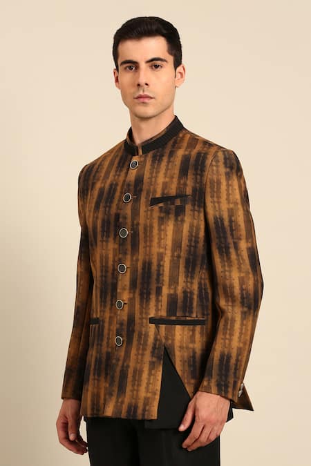 Mayank Modi - Men_Brown Muslin Abstract Pattern Bandhgala _Online_at_Aza_Fashions