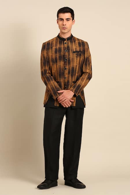 Shop_Mayank Modi - Men_Brown Muslin Abstract Pattern Bandhgala _Online_at_Aza_Fashions