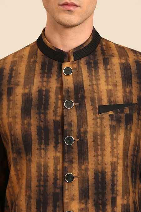 Mayank Modi - Men_Brown Muslin Abstract Pattern Bandhgala _at_Aza_Fashions