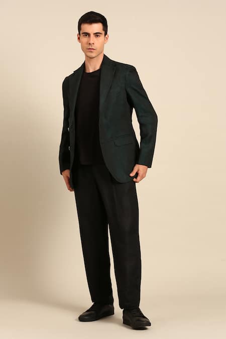 Shop_Mayank Modi - Men_Blue Linen Double Breasted Blazer _Online_at_Aza_Fashions