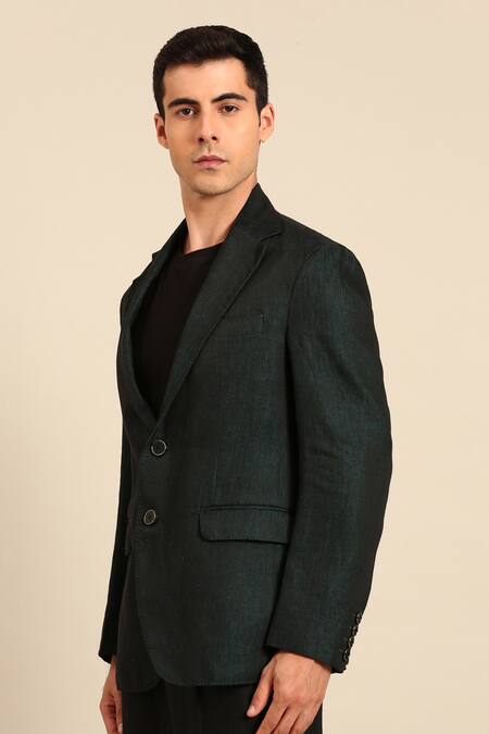 Mayank Modi - Men_Blue Linen Double Breasted Blazer _at_Aza_Fashions