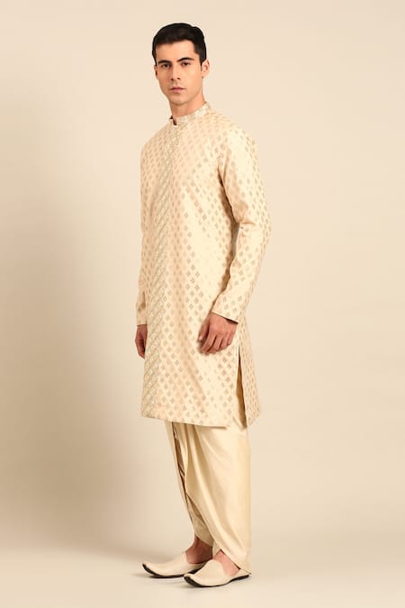 Shop_Mayank Modi - Men_Beige Silk, Brocade Embroidery, Zari Geometric Kurta And Pant Set _Online_at_Aza_Fashions