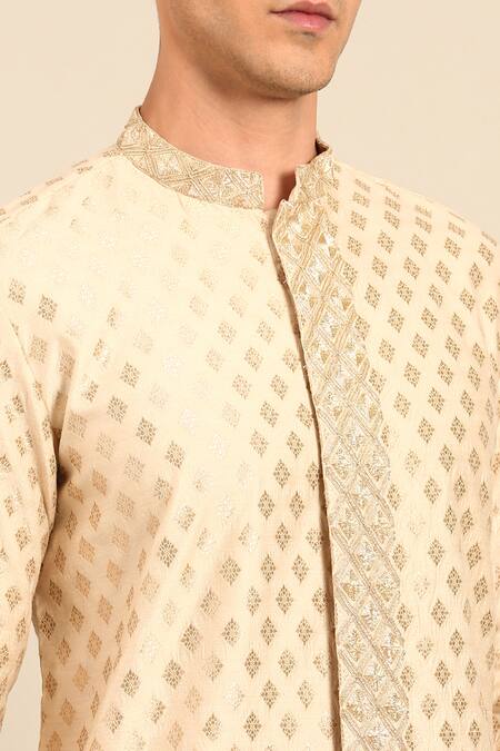 Mayank Modi - Men_Beige Silk, Brocade Embroidery, Zari Geometric Kurta And Pant Set _at_Aza_Fashions