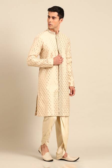 Shop_Mayank Modi - Men_Beige Silk, Brocade Embroidery, Zari Geometric Kurta And Pant Set 