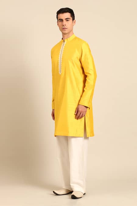 Buy_Mayank Modi - Men_Yellow Bemberg, Silk Embroidery Placket Kurta And Pant Set _Online_at_Aza_Fashions