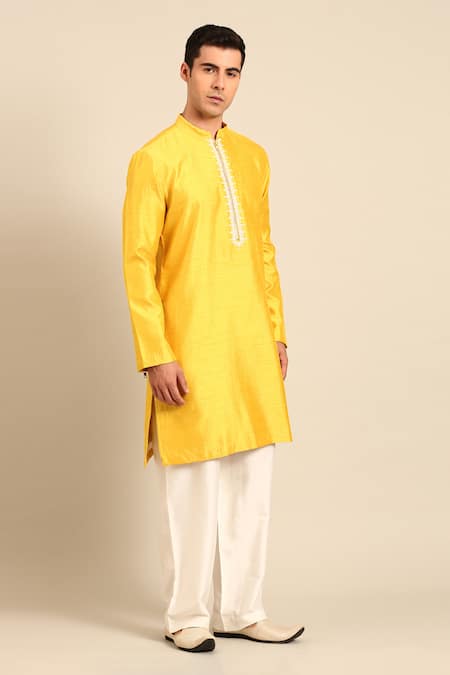 Shop_Mayank Modi - Men_Yellow Bemberg, Silk Embroidery Placket Kurta And Pant Set _Online_at_Aza_Fashions
