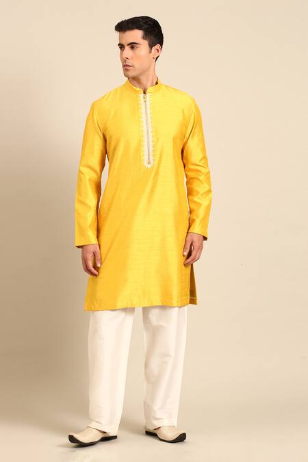 Buy_Mayank Modi - Men_Yellow Bemberg, Silk Embroidery Placket Kurta And Pant Set 