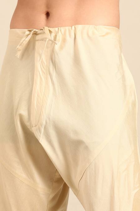 Mayank Modi - Men_Beige Silk, Cotton Embroidered Overlap Kurta And Churidar Set _Online_at_Aza_Fashions