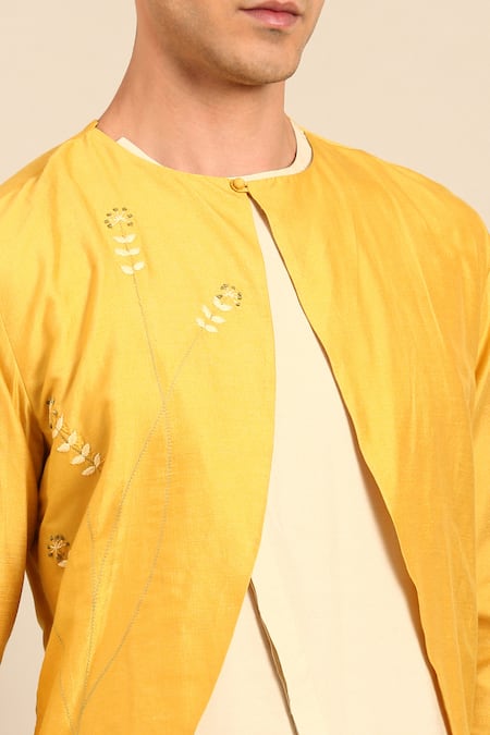 Buy_Mayank Modi - Men_Beige Silk, Cotton Embroidered Overlap Kurta And Churidar Set _Online_at_Aza_Fashions