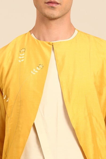 Shop_Mayank Modi - Men_Beige Silk, Cotton Embroidered Overlap Kurta And Churidar Set _Online_at_Aza_Fashions