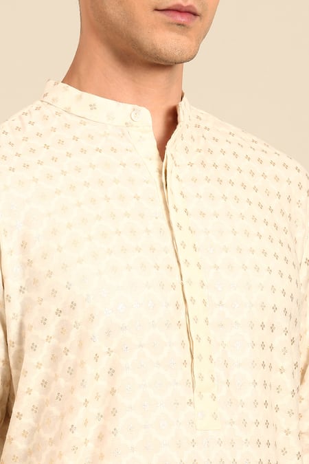 Buy_Mayank Modi - Men_Ivory Chanderi Jaquard Pattern Kurta And Churidar Set _Online_at_Aza_Fashions