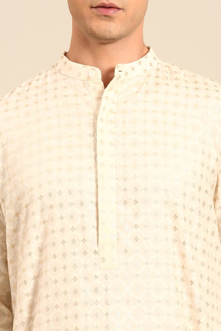 Shop_Mayank Modi - Men_Ivory Chanderi Jaquard Pattern Kurta And Churidar Set _Online_at_Aza_Fashions