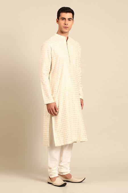 Mayank Modi - Men_Ivory Chanderi Jaquard Pattern Kurta And Churidar Set _at_Aza_Fashions