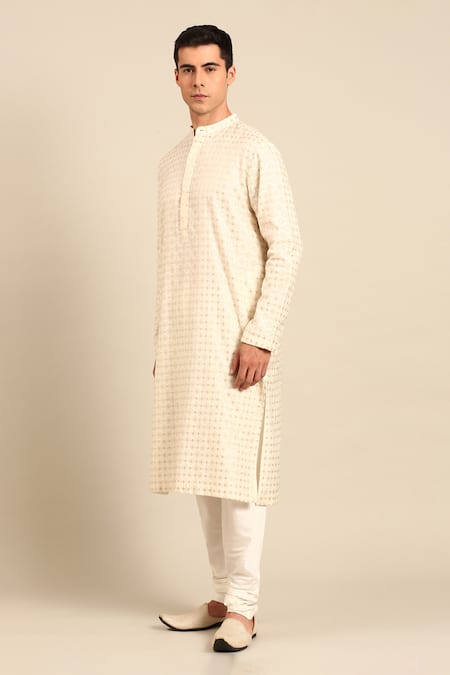 Buy_Mayank Modi - Men_Ivory Chanderi Jaquard Pattern Kurta And Churidar Set 