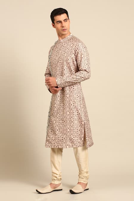 Mayank Modi - Men_Beige Silk Embroidery, Sequins Geometric Print Kurta And Churidar Set _Online_at_Aza_Fashions