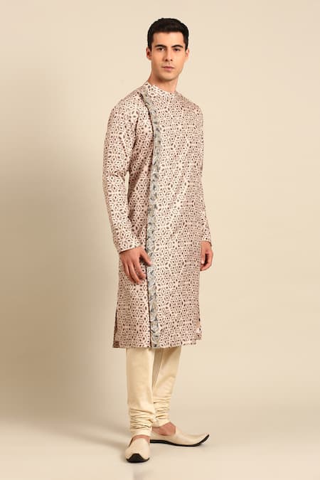 Buy_Mayank Modi - Men_Beige Silk Embroidery, Sequins Geometric Print Kurta And Churidar Set _Online_at_Aza_Fashions