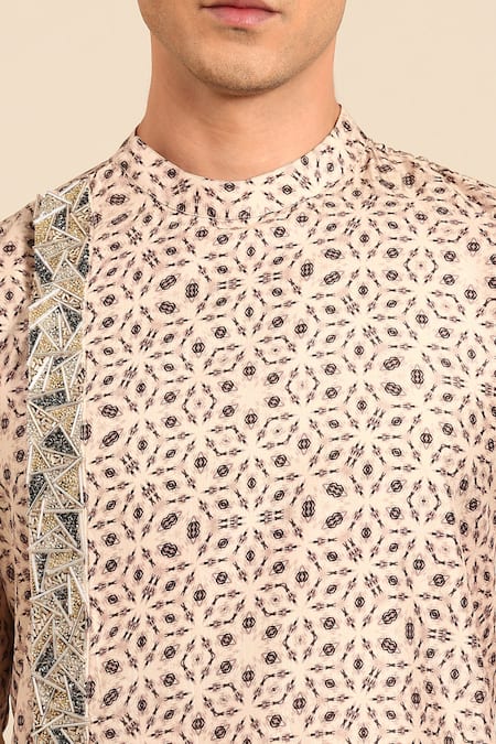 Mayank Modi - Men_Beige Silk Embroidery, Sequins Geometric Print Kurta And Churidar Set _at_Aza_Fashions