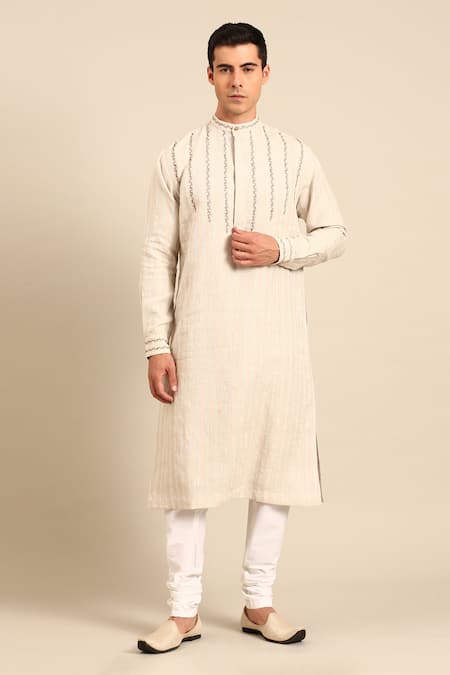 Mayank Modi - Men Linen Jauqard Embroidered Kurta & Churidar Set 