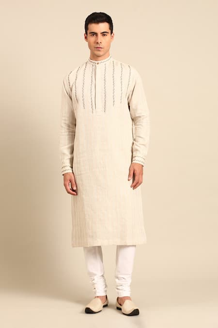Mayank Modi - Men_Beige Embroidery Linen Jauqard Kurta And Churidar Set _Online_at_Aza_Fashions