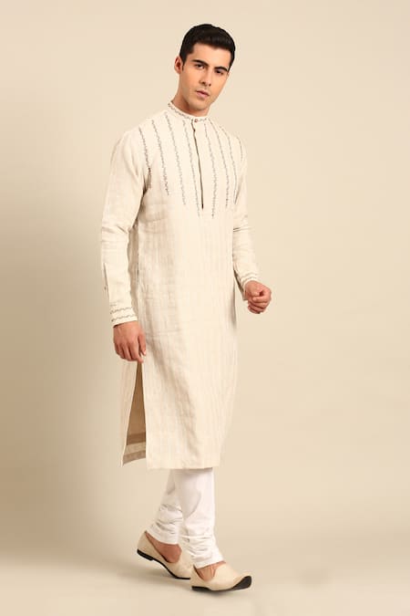 Buy_Mayank Modi - Men_Beige Embroidery Linen Jauqard Kurta And Churidar Set 