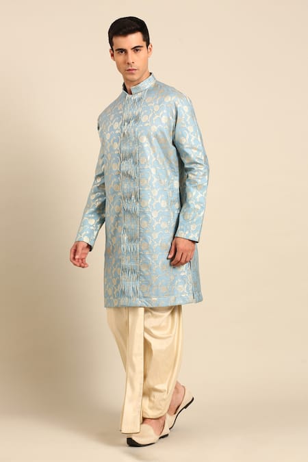 Buy_Mayank Modi - Men_Blue Silk, Brocade Banares Floral Motif Kurta And Draped Pant Set _Online_at_Aza_Fashions
