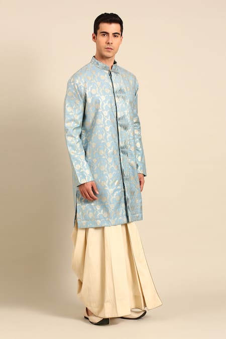 Shop_Mayank Modi - Men_Blue Silk, Brocade Banares Floral Motif Kurta And Draped Pant Set _Online_at_Aza_Fashions
