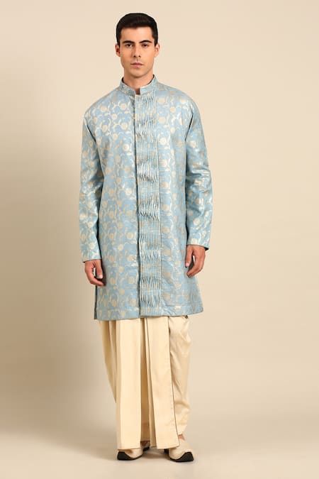 Mayank Modi - Men_Blue Silk, Brocade Banares Floral Motif Kurta And Draped Pant Set _at_Aza_Fashions