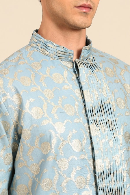 Buy_Mayank Modi - Men_Blue Silk, Brocade Banares Floral Motif Kurta And Draped Pant Set 