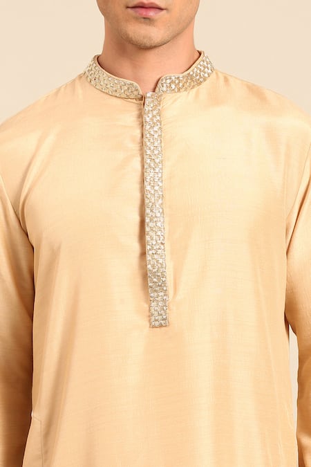 Mayank Modi - Men_Beige Silk Embroidery, Metallic Thread Straight Kurta And Churidar Set _Online_at_Aza_Fashions