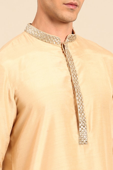 Buy_Mayank Modi - Men_Beige Silk Embroidery, Metallic Thread Straight Kurta And Churidar Set _Online_at_Aza_Fashions