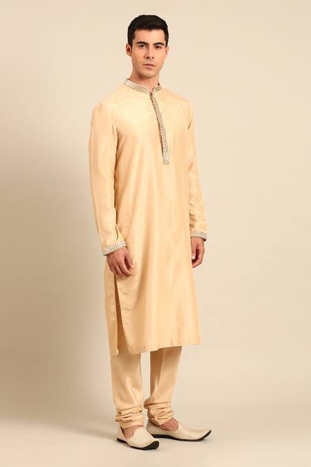 Mayank Modi - Men_Beige Silk Embroidery, Metallic Thread Straight Kurta And Churidar Set _at_Aza_Fashions