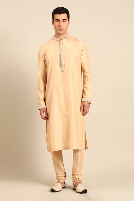 Buy_Mayank Modi - Men_Beige Silk Embroidery, Metallic Thread Straight Kurta And Churidar Set 