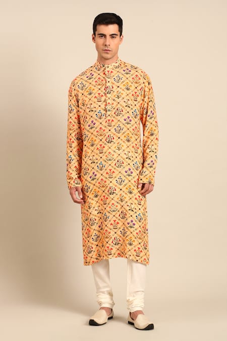 Mayank Modi - Men_Yellow Muslin Floral Print Kurta Set _Online_at_Aza_Fashions